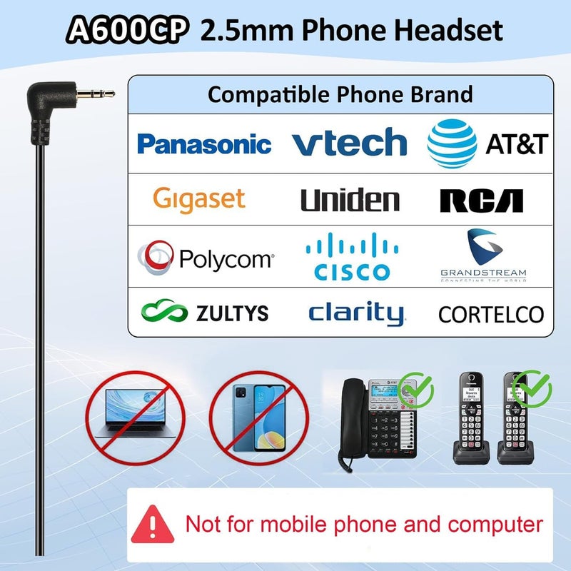 Arama Cordless Phone Headset for Landline Phone, 2.5mm Jack Telephone Headset with Noise-Cancelling Mic & Volume Control, Wired Headset Compatible with Panasonic AT&T Vtech Uniden - Image 5